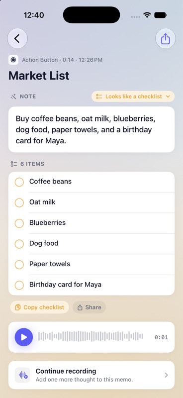 Doneward checklist made from a spoken market list
