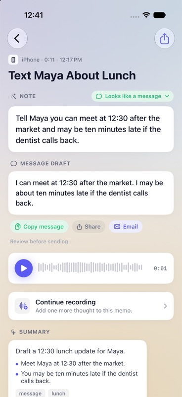 Doneward message draft created from a spoken lunch update