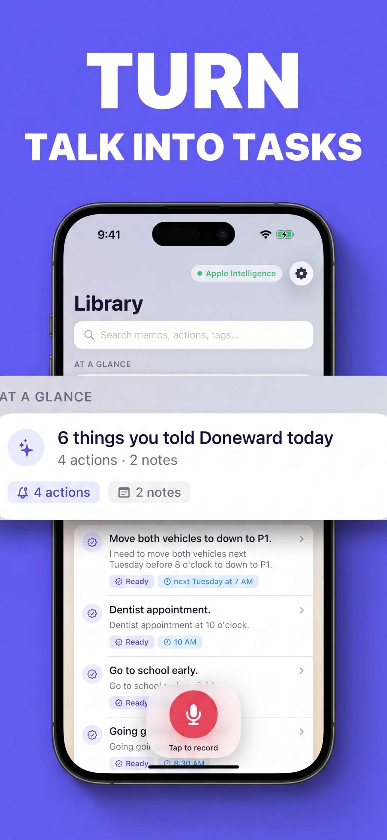 Doneward screenshot showing talk turned into tasks