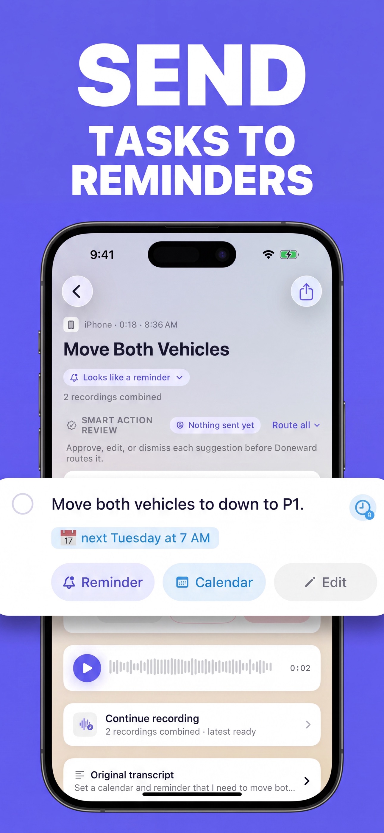 Doneward screenshot showing tasks sent to Reminders