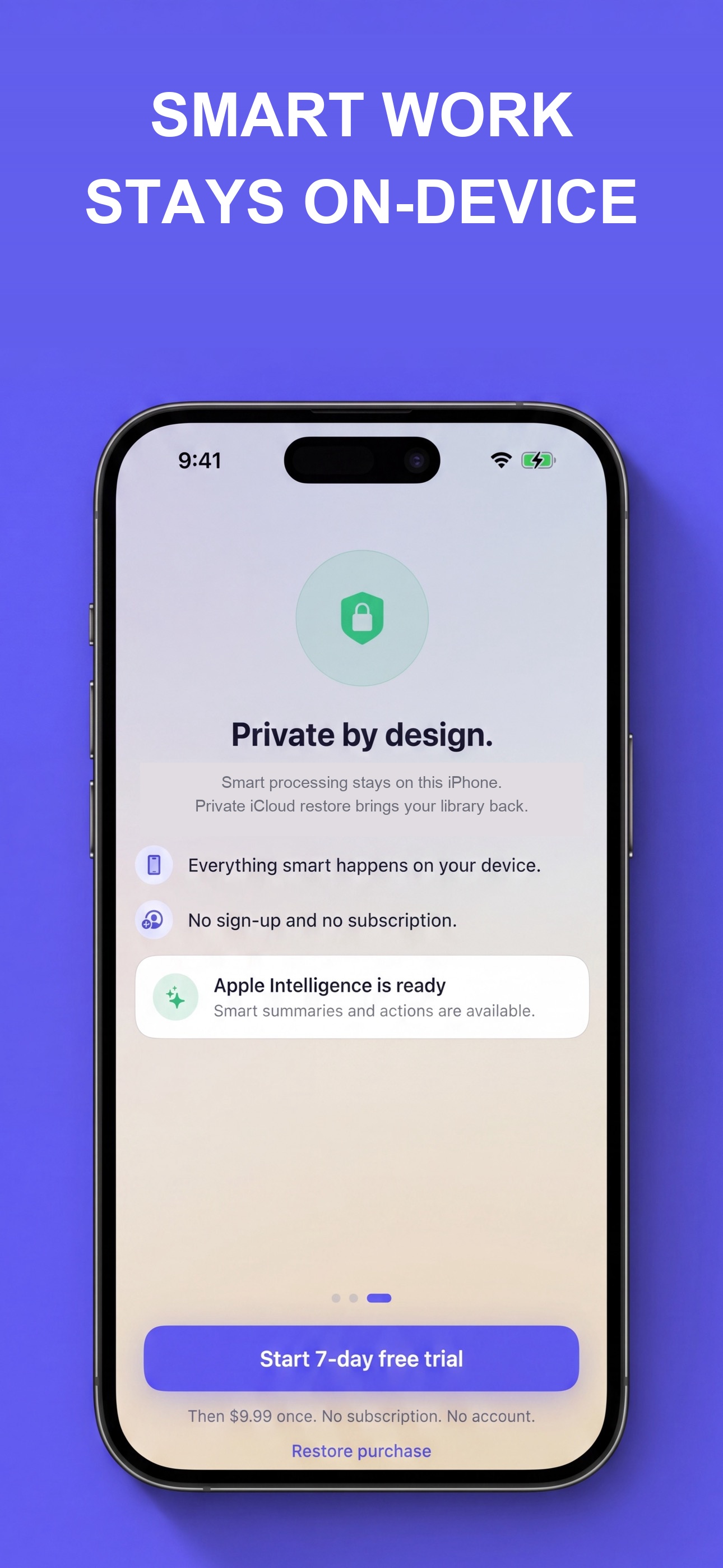 Doneward screenshot showing private iCloud restore and on-device processing